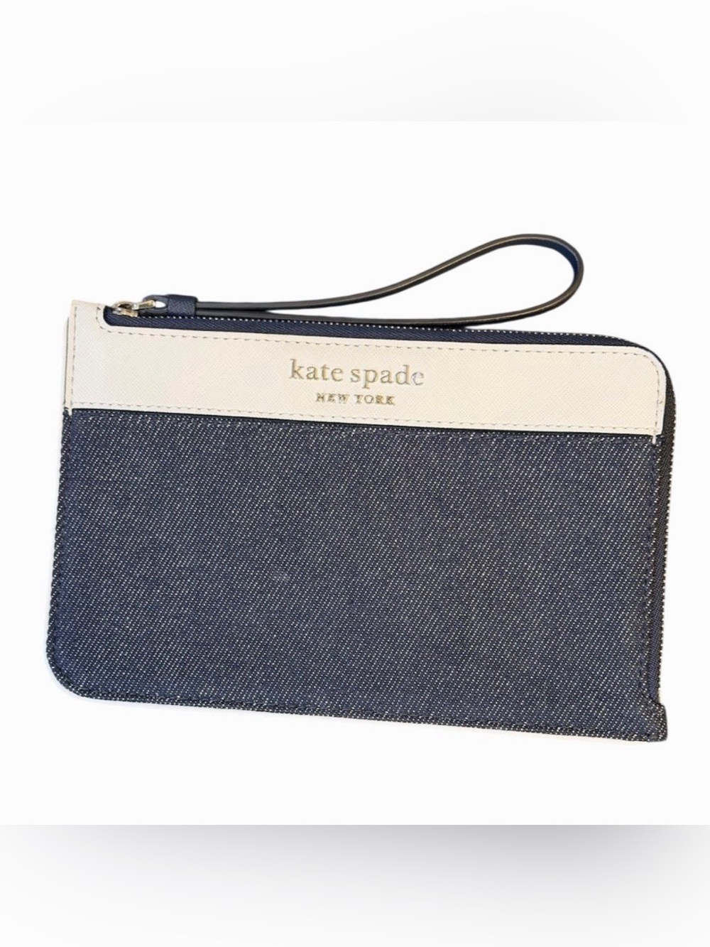 Kate Spade Medium L-Zip Wristlet Denim Multi Zip Clutch Wallet New